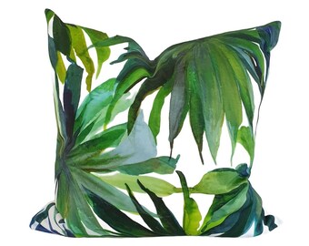 Tropical Palm Leaf Cotton Pillow Cover - green blue island cushion - tropical décor pillow -  palm print cushion -  painterly palms pillow