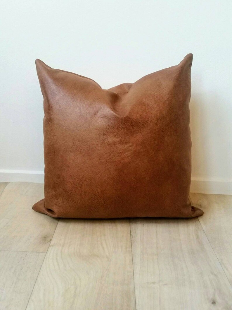 Brown Faux Leather Pillow Cover Tan Cushion Image 0