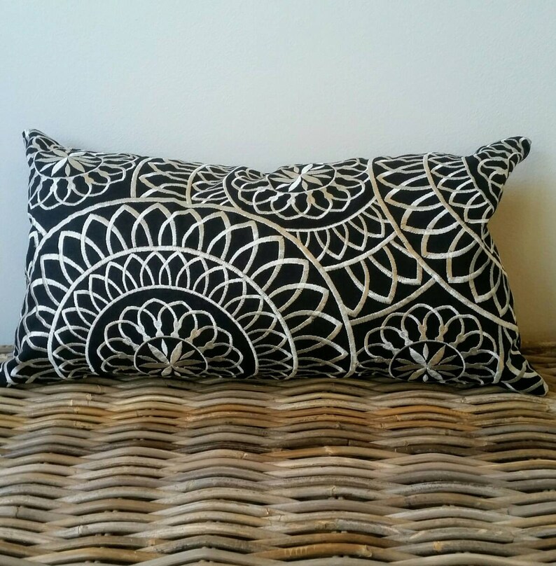 Black and White Lumbar Pillow Cover Black White Embroidered Rectangular Cushion Embroidered