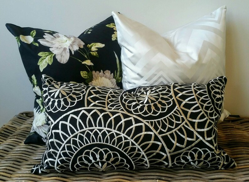 Black and White Lumbar Pillow Cover Black White Embroidered Rectangular