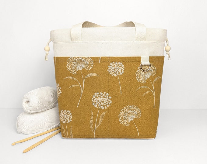 Personalized Project Knitting Bag. M, L, XL size. Drawstring, cotton bag. Fully lined. Knitting, crochet, yarn storage. Dandelion pattern.
