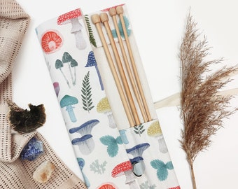 Knitting Needle Case. Personalized Tool Roll. Needle holder. Canvas knitting needle roll. Tools Storage. Knitting gift. Mushroom pattern.