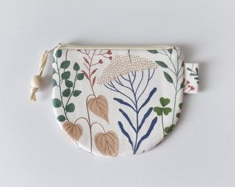 Pochette pour marqueurs de point. Petit porte-monnaie. Mini portefeuille. Titulaire de la carte. Pochette à glissière. Toile de coton. Motif floral et botanique. Idée cadeau pour elle.