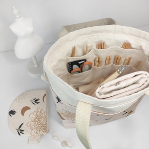 Set di 3: Borsa per progetti + Custodia per aghi + Piccola custodia con cerniera. Borsa per maglieria con coulisse. Maglieria, uncinetto, conservazione del filato. Regalo per magliai.