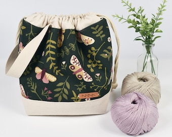Project Bag, sizes: S, M. Knitting Organizer, Yarn Storage, Plant and Moth Print. Personalized Gift