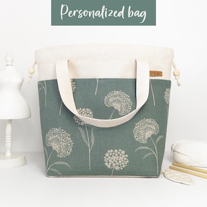 Borsa personalizzata per progetti. Borsa per lavoro a maglia, uncinetto. Taglia M, L, XL. Borsa in cotone con coulisse. Borsa con nome personalizzato. Molte tasche. Regalo per magliaia, mamma
