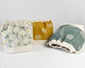 Small PROJECT bag. Drawstring, knitting bag. Short needles, crochet hooks, yarn storage. Fully lined. Gift for knitter. Floral pattern.