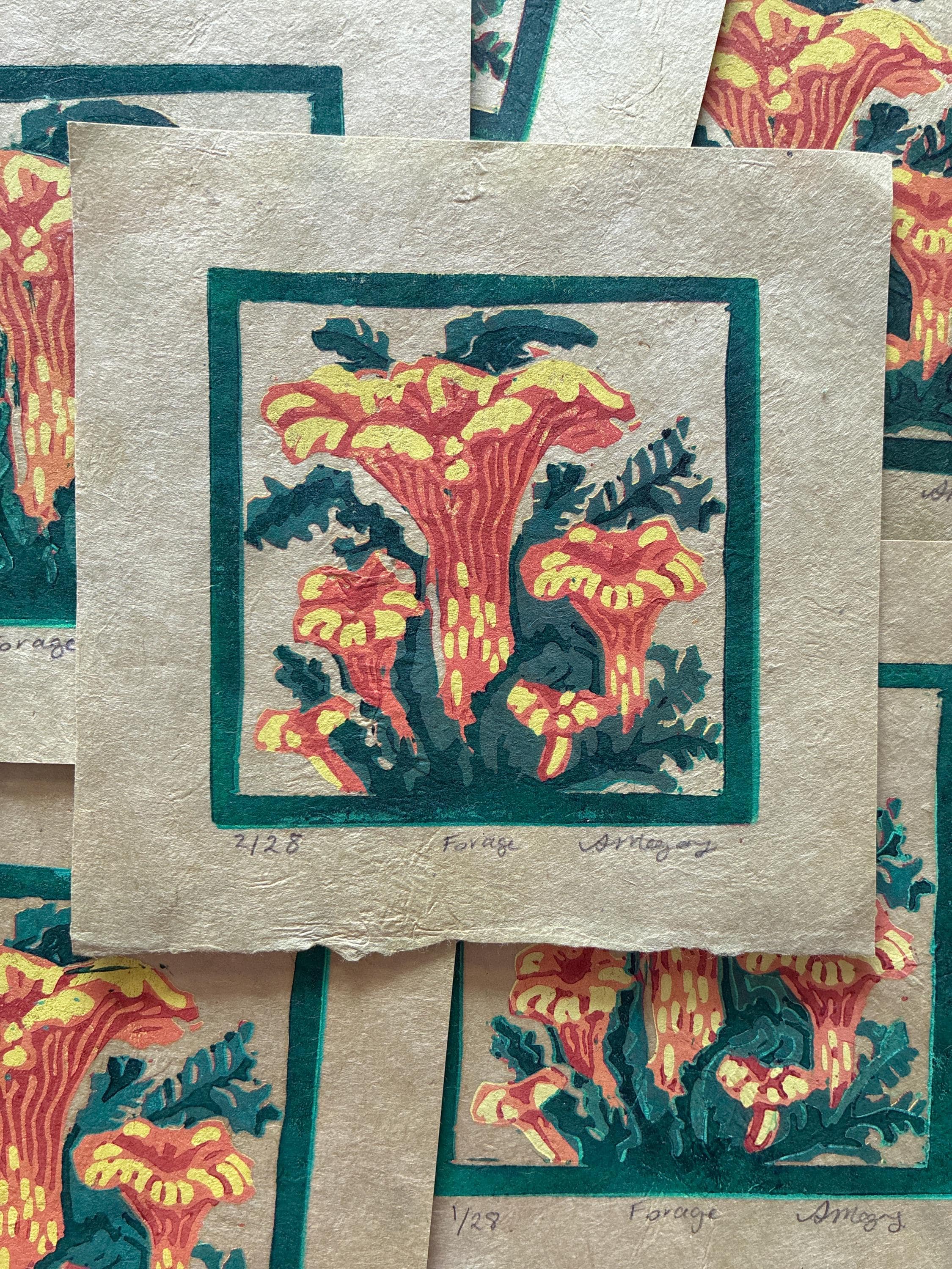Forage mushroom - limited edition original lino print art work