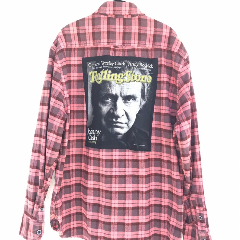 Redesigned by Restored Rose festival clothing unisex XL coral pink plaid Johnny Cash Vintage Flannel Shirt Up cycled clothing