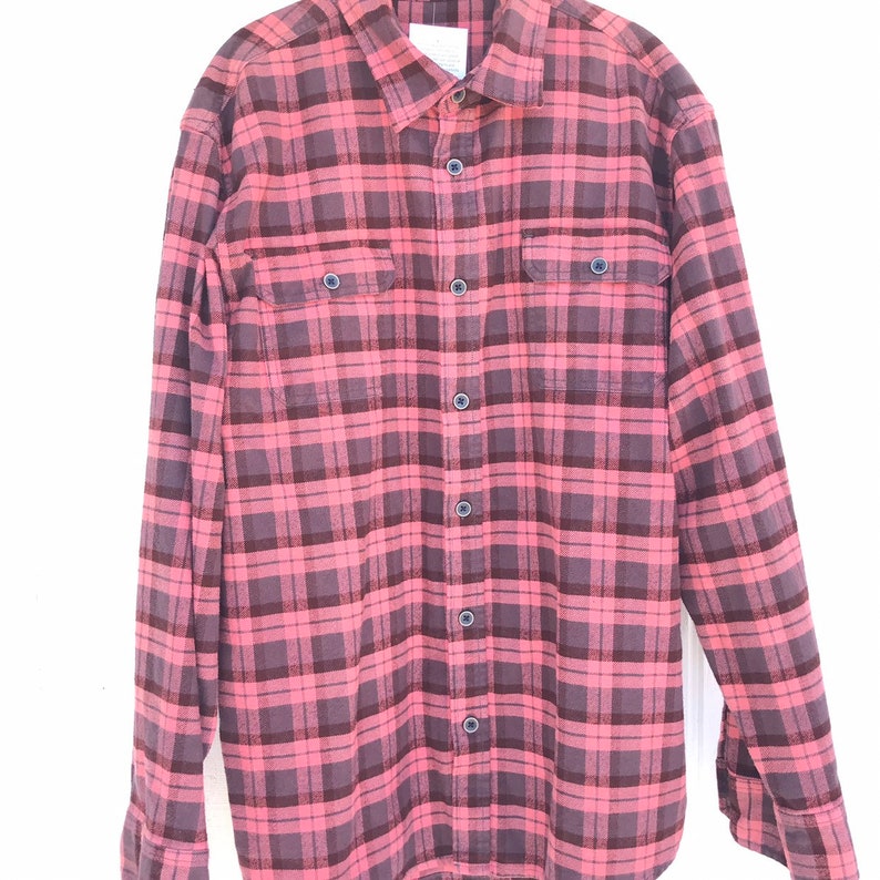 Redesigned by Restored Rose festival clothing unisex XL coral pink plaid Johnny Cash Vintage Flannel Shirt Up cycled clothing