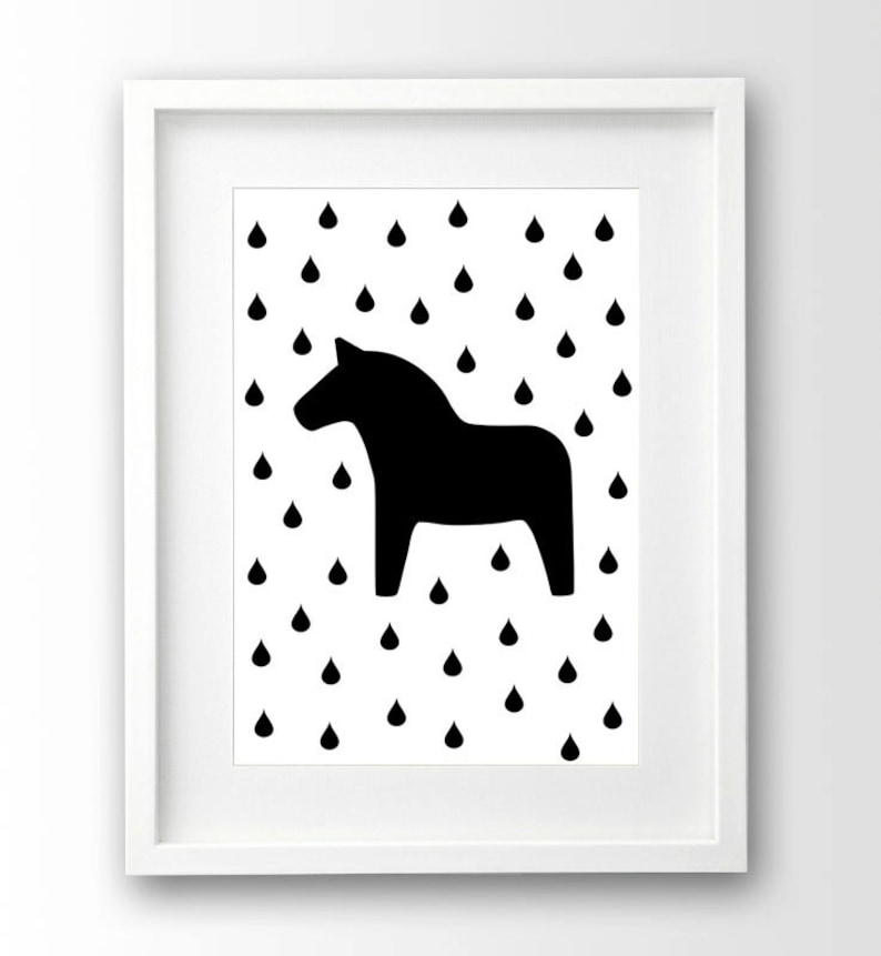 Black Dala Horse Print Nursery Art Black and White Print Etsy