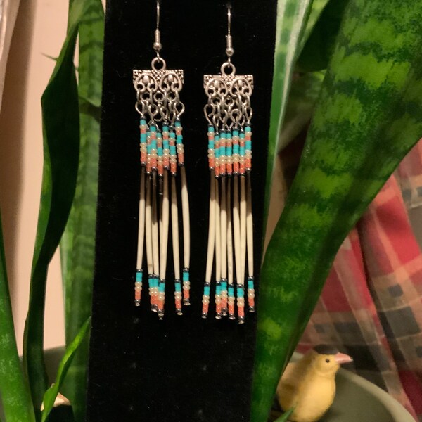 Authentic Porcupine Quill Earrings   Handmade with tangerine,white and sky blue seed beads