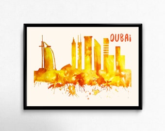 Dubai Skyline Watercolor Poster - Cityscape Painting Artwork - Art Print, Multiple Sizes - 10x8 to 36x24 - Watercolor Painting Style