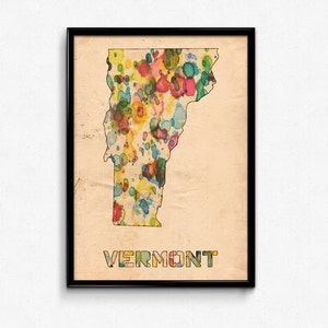 Vermont Map Poster Watercolor Print - Fine Art Digital Painting, Multiple Sizes - 12x18 to 24x36 - Vintage Paper Colors Style