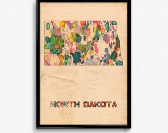 North Dakota Map Poster Watercolor Print - Fine Art Digital Painting, Multiple Sizes - 12x18 to 24x36 - Vintage Paper Colors Style