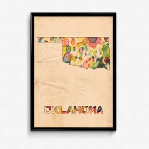 Oklahoma Map Poster Watercolor Print - Fine Art Digital Painting, Multiple Sizes - 12x18 to 24x36 - Vintage Paper Colors Style