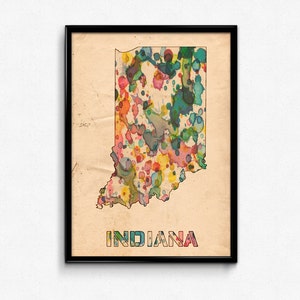 Indiana Map Poster Watercolor Print - Fine Art Digital Painting, Multiple Sizes - 12x18 to 24x36 - Vintage Paper Colors Style
