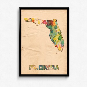 Florida kaart Poster aquarel Print - Fine Art digitale schilderij, meerdere maten - 12 x 18 tot 24 x 36 - Vintage papier kleuren stijl