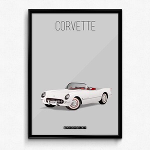 May include: A white Chevrolet Corvette convertible with red interior. The car is on a gray background with the word "CORVETTE" in black text above the car and "CHEVROLET" in black text below the car.