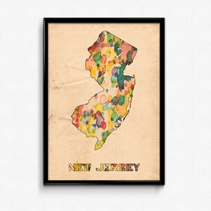 New Jersey Map Poster Watercolor Print - Fine Art Digital Painting, Multiple Sizes - 12x18 to 24x36 - Vintage Paper Colors Style
