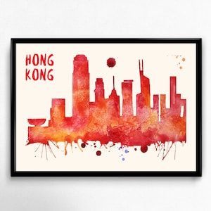 Hong Kong Skyline Watercolor Poster - Cityscape Painting Artwork - Art Print, Multiple Sizes - 10x8 to 36x24 - Watercolor Painting Style
