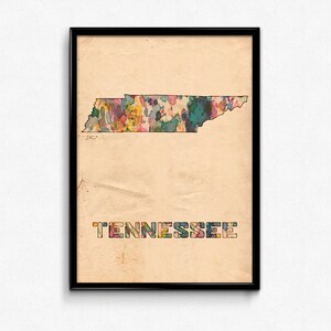 Affiche de carte du Tennessee, impression aquarelle - peinture numérique fine art, plusieurs tailles - 12 x 18 à 24 x 36 - style couleurs papier vintage