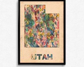 Utah Map Poster Watercolor Print - Fine Art Digital Painting, Multiple Sizes - 12x18 to 24x36 - Vintage Paper Colors Style