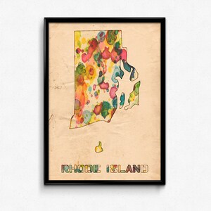 Rhode Island Map Poster Watercolor Print - Fine Art Digital Painting, Multiple Sizes - 12x18 to 24x36 - Vintage Paper Colors Style