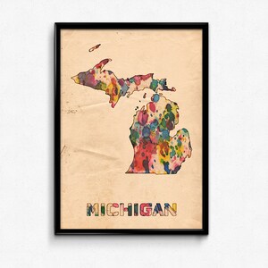 Michigan Map Poster Watercolor Print - Fine Art Digital Painting, Multiple Sizes - 12x18 to 24x36 - Vintage Paper Colors Style