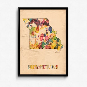 Plakat Mapa Missouri druku akwarela-Fine Art malarstwo cyfrowe, wiele rozmiarów-12x18 do 24x36-Vintage Paper Colors style