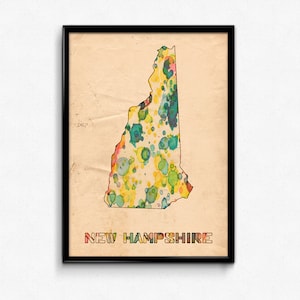Affiche de carte du New Hampshire, impression aquarelle - peinture numérique fine art, plusieurs tailles - 12 x 18 à 24 x 36 - style couleurs papier vintage