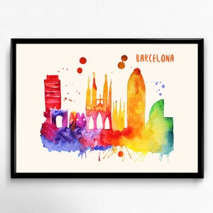 Barcelona Skyline aquarel poster - stadsgezicht schilderij artwork - Art Print, meerdere maten - 10x8 tot 36x24 - aquarel schilderstijl