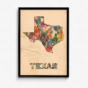 Stampa acquerello del poster della mappa del Texas - Pittura digitale d&#39;arte, dimensioni multiple - da 12x18 a 24x36 - Stile colori carta vintage