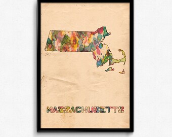 Massachusetts Map Poster Watercolor Print - Fine Art Digital Painting, Multiple Sizes - 12x18 to 24x36 - Vintage Paper Colors Style