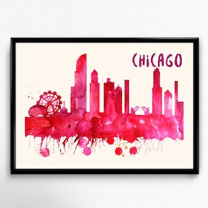 Chicago Skyline Watercolor Poster - Cityscape Painting Artwork - Art Print, Multiple Sizes - 10x8 to 36x24 - Watercolor Painting Style