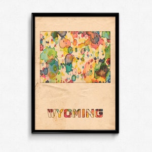 Affiche de la carte du Wyoming, impression aquarelle - peinture numérique fine art, plusieurs tailles - 12 x 18 à 24 x 36 - style couleurs papier vintage