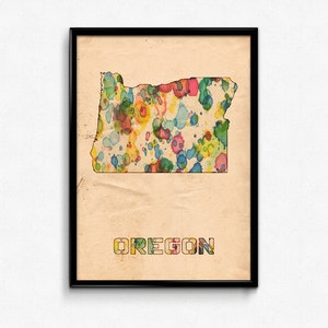 Oregon Map Poster Watercolor Print - Fine Art Digital Painting, Multiple Sizes - 12x18 to 24x36 - Vintage Paper Colors Style