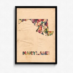 Maryland Karte Poster Aquarell Druck - Fine Art Digitale Malerei, mehrere Größen - 12x18 bis 24x36 - Vintage Papierfarben Stil