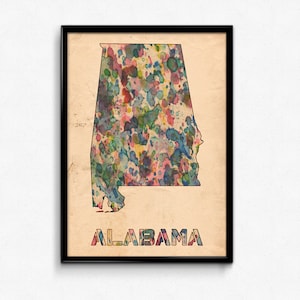 Alabama mapa cartel acuarela impresión - pintura digital de bellas artes, múltiples tamaños - 12x18 a 24x36 - estilo de colores de papel vintage