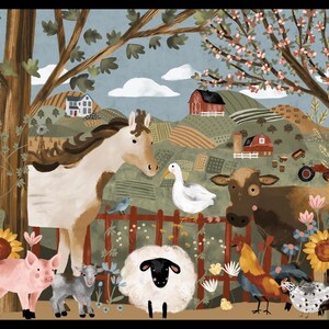 Könnte beinhalten: Eine farbenfrohe Illustration einer Farm-Szene mit einem Pferd, einer Kuh, einem Schaf, einem Schwein, einer Ziege, einer Ente, einem Hahn und Hühnern. Die Farm ist von Bäumen, Blumen und einem roten Stall umgeben.