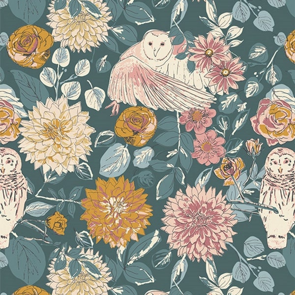 Art Gallery Flannel WILLOW Owl things floral petrol