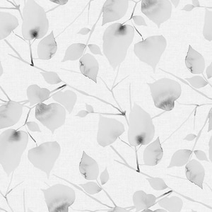 May include: A seamless pattern featuring watercolor illustrations of gray leaves and branches on a white background.