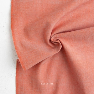 Può includere: Un pezzo di tessuto color arancio corallo con una trama visibile e una finitura opaca e morbida. Il materiale è drappeggiato per mostrare pieghe e ombre sulla superficie. La parola FABLEISM è stampata in piccole lettere maiuscole bianche in basso al centro.