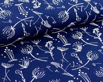May include: A navy blue fabric with a white floral pattern. The pattern features delicate, hand-drawn flowers and stems.