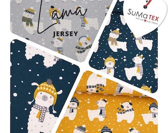 JERSEY Stoffonkel organic jersey llama yellow, silver grey & water by night
