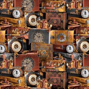 May include: A patterned image featuring vintage luggage, clocks, and cameras in brown, gold, and black. The design has a steampunk theme, with gears and detailed elements. The clocks display various times, adding to the vintage feel.