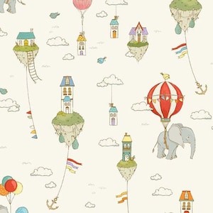 May include: A whimsical illustration featuring houses, hot air balloons, and clouds. The houses are floating in the air, attached to strings with anchors. The hot air balloons are also floating in the air, with one carrying an elephant. The illustration is done in a cartoon style, with bright colours and playful details.