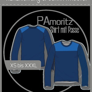 Könnte beinhalten: Ein Schnittmuster für ein Langarmshirt mit Passe. Das Schnittmuster heißt "PAmoritz Shirt mit Passe" und ist in den Größen XS bis XXXL erhältlich. Das Schnittmuster ist mit einem blauen Shirt mit blauer Passe illustriert.