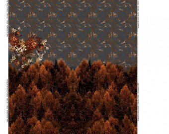 May include: A digital print featuring a forest scene with a background of brown deer silhouettes on a blue background. The forest is made up of brown and orange trees. The text "panel size must be 200cm x 150cm" and "16901" are visible in the top right corner of the image.