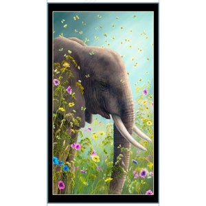 Könnte beinhalten: Ein Gemälde eines grauen Elefanten, der auf einer Wiese mit bunten Blumen steht. Der Elefant hat seinen Rüssel erhoben und schaut zur Seite. Es fliegen viele Schmetterlinge um den Elefanten und die Blumen herum.